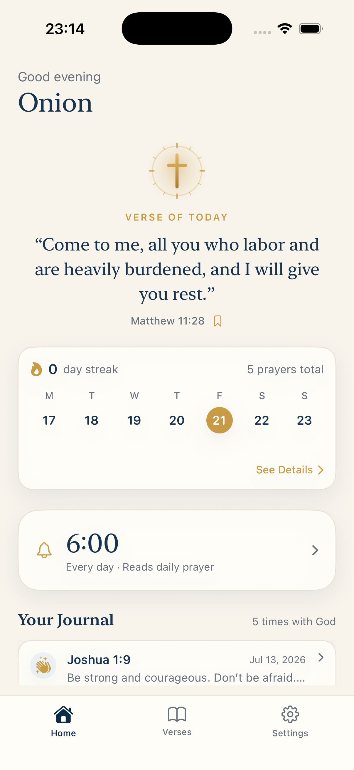 FirstAmen home screen with a daily verse, prayer streak, alarm, and journal